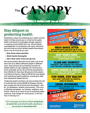 Cover of The Canopy newsletter featuring "Stay diligent to protect health" article and COVID-19 infographic
