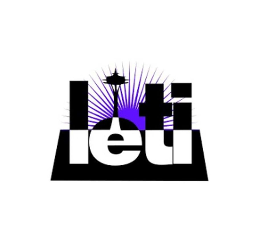 Leti logo: Words LETI with space needle on top of letter E