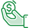 Green icon of hand holding coin with dollar symbol