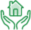 green outline of house being held in two hands